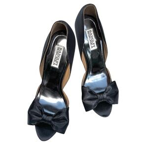Badgley Mischka Black Satin Bow Peep Toe Stiletto Heels 9